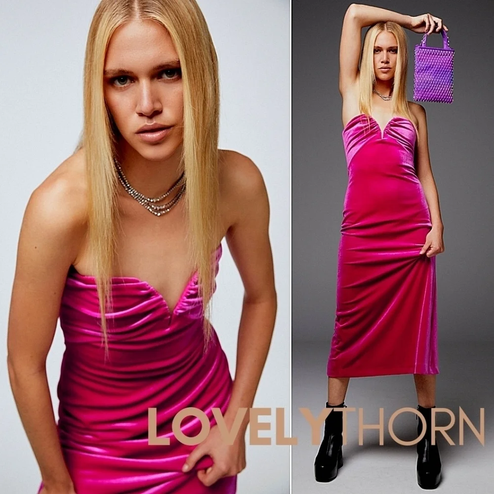 ZARA // ltd ed blogger fave fuchsia pink velvet strapless sweetheart tube dress